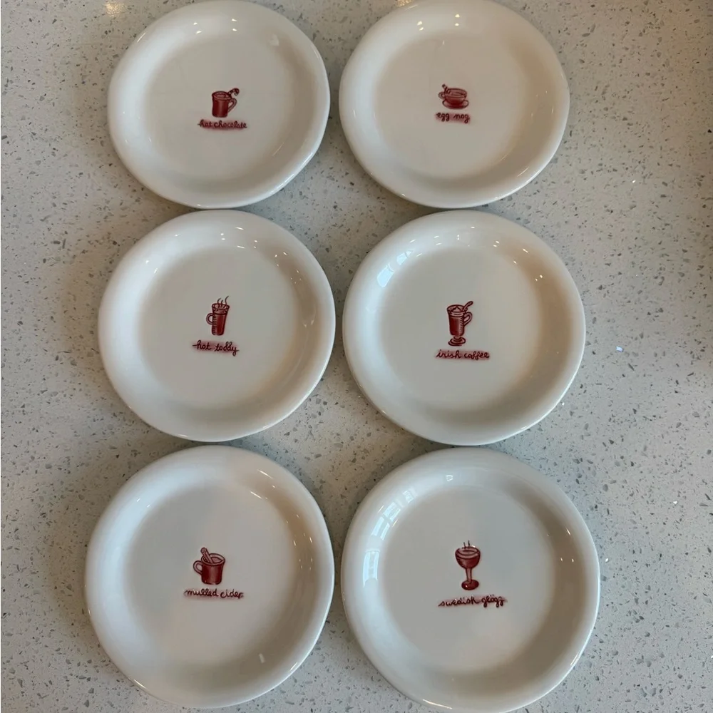 🎄 Williams-Sonoma Holiday “Hot Drinks” Dessert Plates – Set of 6 | EUC 🎄